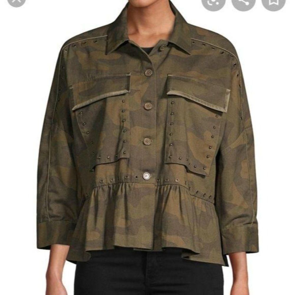 Joie Samia Camo Ruffle Embellished Studded Oversized Jacket Women's Size Small
